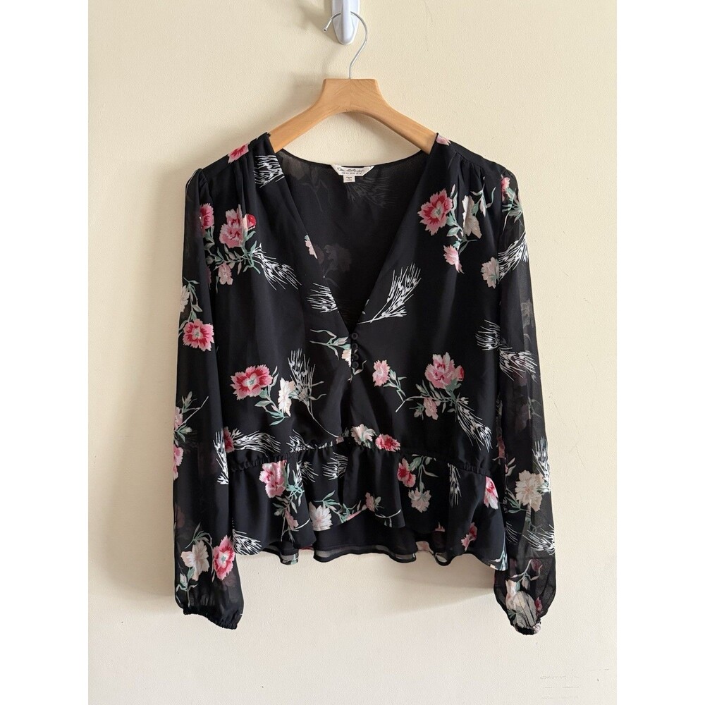 Miss selfridge womens blouse top size 12 black floral 3/4 sleeve V Neck
